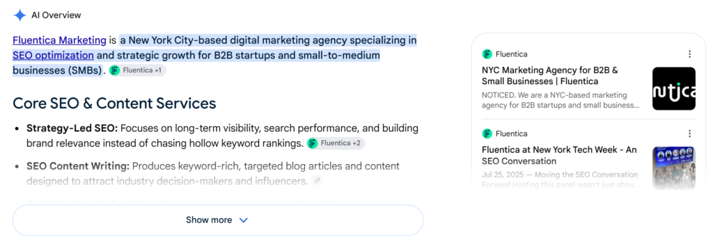 ai overview showing fluentica marketing seo